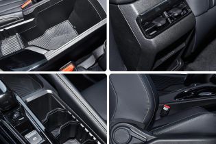 Four close - up views of a car's interior details, including storage compartments, air vents, and seat adjustment parts.