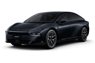 A dark blue Xpeng P7+ electric car.