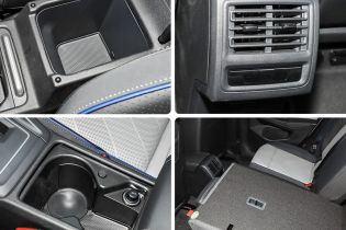 Collage of four car interior details: storage space, air vent, cup holder area, and a folded seat part.