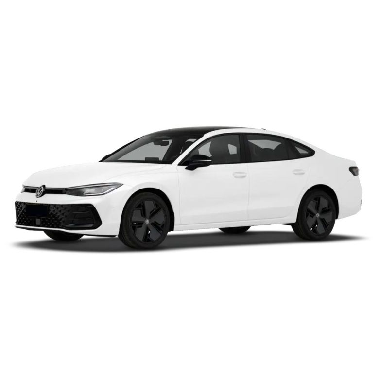 A sleek white Volkswagen sedan with black wheels, showcasing a modern and stylish design.