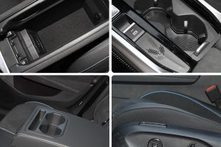 A collage showing details of a car's interior, including storage compartments, cup holders, and seat adjustment controls.