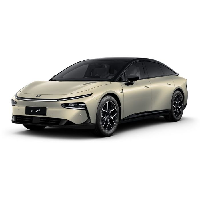 A beige Xpeng P7+ electric car.
