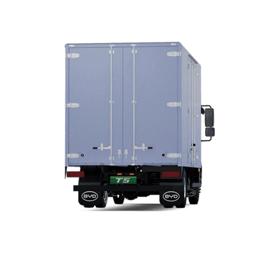 Rear view of a light blue BYD T5 box truck, showcasing its double rear doors and vehicle - specific details against a white background.
