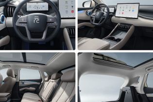 Four images showing the interior of a BYD Yuan Plus electric SUV, including the dashboard, seats, and trunk space.