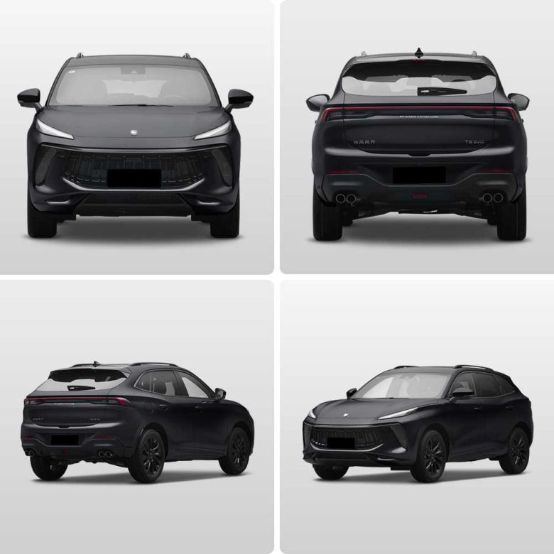 A collage of a black SUV's multiple angles—front, rear, and two side views—showcasing its sleek design, bold grille, and dynamic silhouette against a plain gray background.