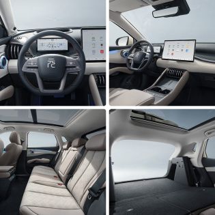 Four views of a car's interior, showcasing the steering wheel, dashboard, seats, and trunk space.