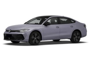 A light purple Volkswagen sedan with black wheels, featuring a modern and sleek design.