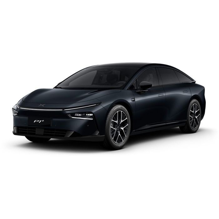 A dark blue Xpeng P7+ electric car.