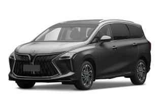 A dark gray MPV with a bold front grille and panoramic sunroof is showcased against a plain background, highlighting its modern and spacious design.