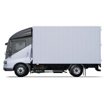 Side view of a white box truck with a sleek cab, isolated on a white background.