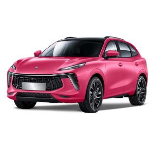 A pink Fengon SUV with a black roof, displayed at a dynamic angle against a plain white background, highlighting its modern, sleek design and stylish details.