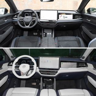 Comparison of two Volkswagen car interiors, one with a dark color scheme and the other with a light color scheme, both featuring large central screens.