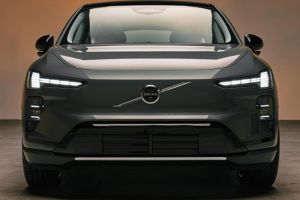Head-on shot of new Volvo EX60 EV smooth front fascia with emblem