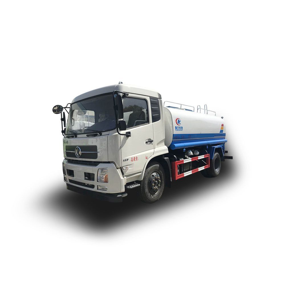 A white and blue water - sprinkling truck with a large tank.