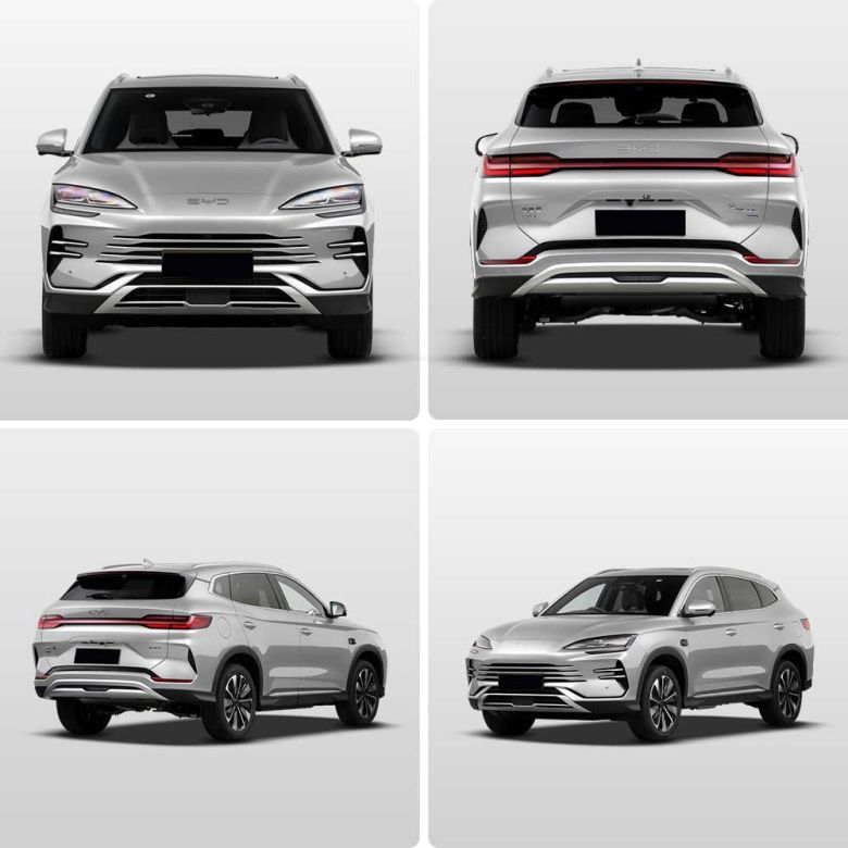 Multi-angle display of a silver BYD SUV, including front, rear, and side views, highlighting its sleek design, distinctive grille, and full-width taillights.