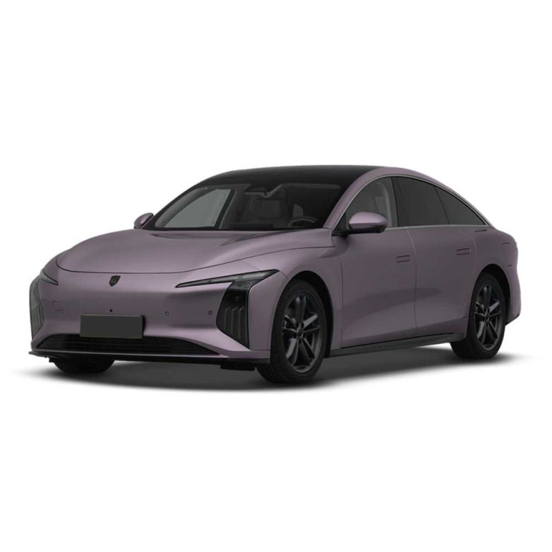 A lavender electric sedan with a sleek, modern design, featuring a black roof, distinctive headlights, and black alloy wheels, presented against a plain white background.