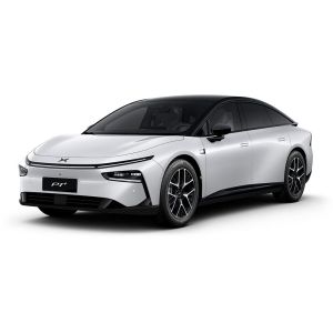 A white Xpeng P7+ electric car.