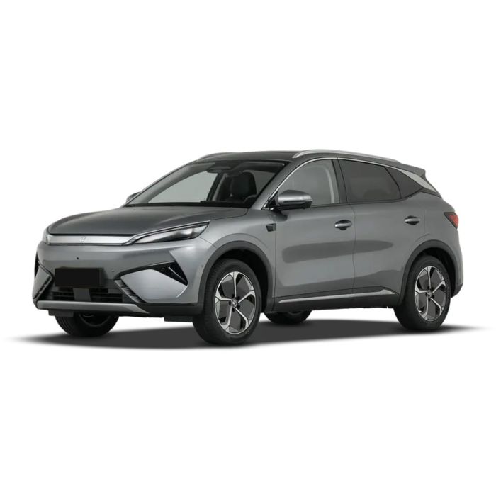 A silver BYD Yuan Plus electric SUV.
