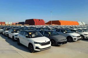 Numerous cars parked in an orderly manner at a port, with stacks of colorful containers in the background under a clear blue sky.