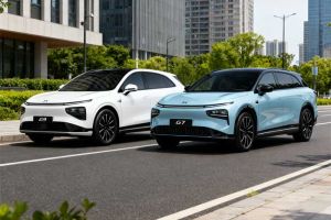 Two XPeng EVs (white G9, light blue G7) parked on a city street, modern buildings and greenery in the background.