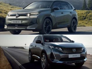Vertical split photo comparing new Peugeot electric SUV and combustion crossover