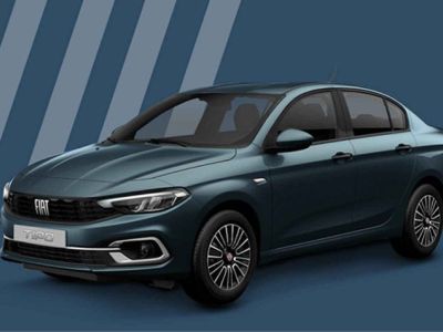 Front-side view of a teal Fiat Tipo sedan, showcasing its sleek design, stylish alloy wheels, and modern headlights against a blue background with diagonal stripes.