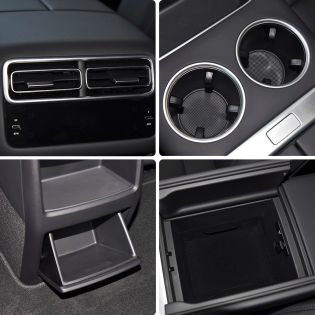 Collage of four car interior details: air vents with control panel, cup holders, a small storage shelf, and an open storage compartment.