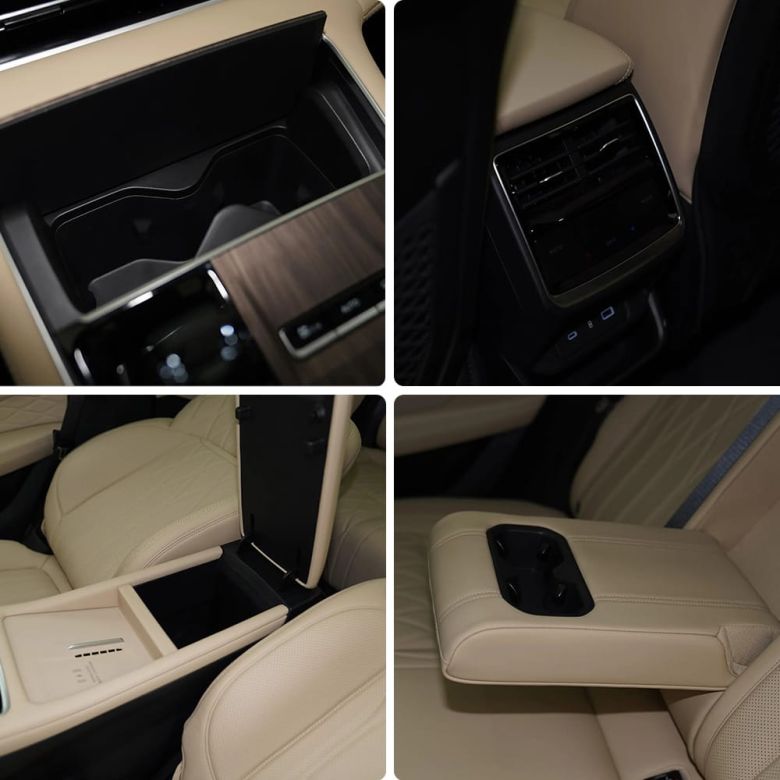 Four views of car interior storage spaces, including compartments and cup holders.