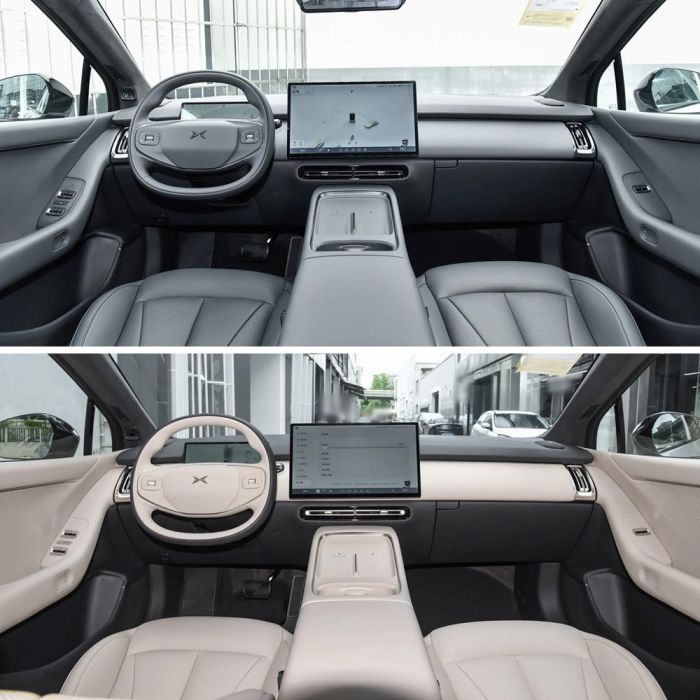 A comparison of two car interiors, one in dark gray and the other in light beige, highlighting differences in color and design.