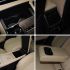 Four views of car interior storage spaces, including compartments and cup holders.