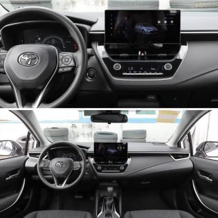Interior of a toyota corolla 2024, showcasing the dashboard, steering wheel, central display screen, and control panel from different angles.