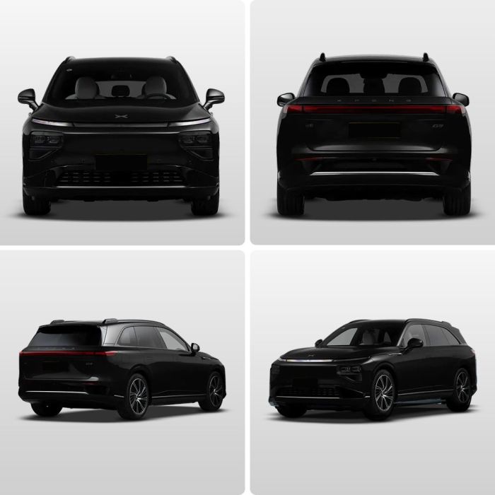 Four views (front, rear, side - rear, side - front) of a black Xpeng electric SUV.
