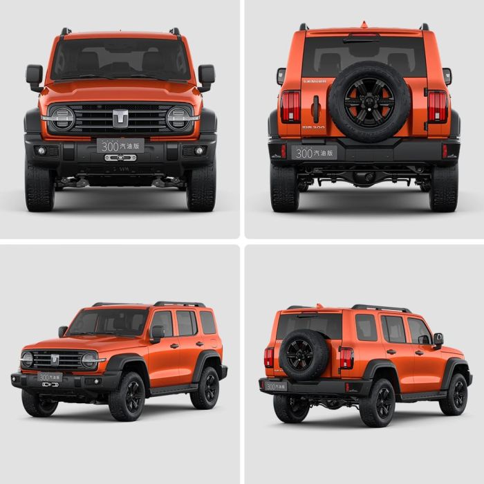 Four views (front, rear, side - front, side - rear) of an orange off - road SUV.
