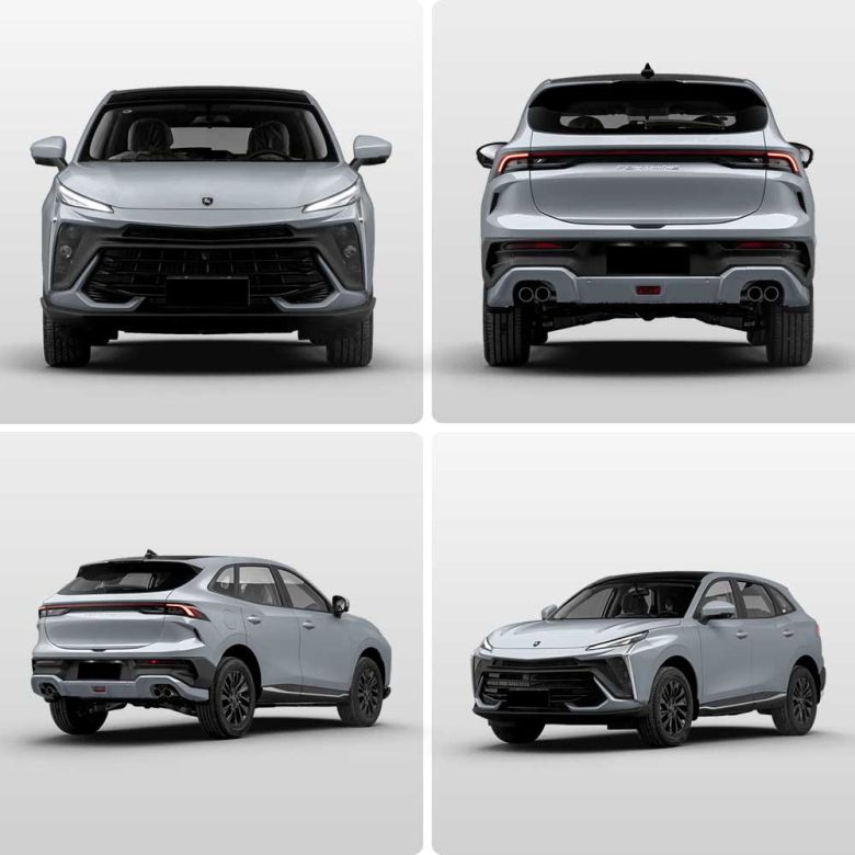 A collage of a light gray SUV, showcasing multiple angles (front, rear, side) against a plain background, highlighting its modern, sleek design and dynamic aesthetics.