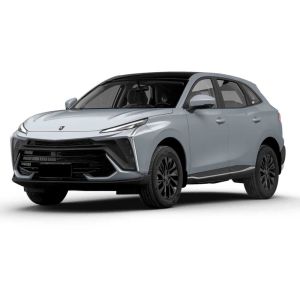 A light gray SUV with a black roof, displayed at a dynamic angle against a plain white background, highlighting its modern, sleek design and stylish black alloy wheels.