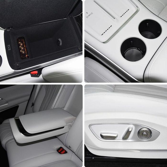 Collage of four images showcasing the interior details of a car, including the center console storage, cup holders, armrest, and seat adjustment controls.