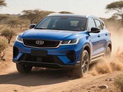 A blue Geely SUV driving on a dusty dirt road in a desert - like landscape with sparse trees.