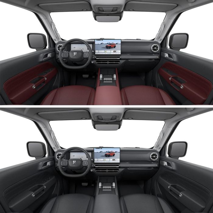 Two views of a car's interior, showcasing different seat and door panel color schemes (red and black) with a digital dashboard display.