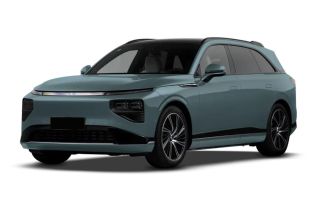 A light blue Xpeng electric SUV with a sleek, modern design.