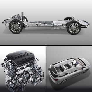 An infographic showcases a car’s engineering: a chassis with wheels, a detailed Forthing engine, and a top view of the MPV’s interior, emphasizing mechanical design and spaciousness.