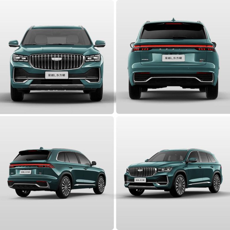 Four views (front, rear, side - rear, side - front) of the Geely Xingyue L SUV.