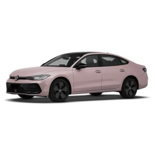 A stylish pink Volkswagen sedan with black wheels and a modern design.