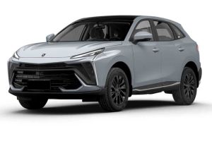 A light gray SUV with a black roof, displayed at a dynamic angle against a plain white background, highlighting its modern, sleek design and stylish black alloy wheels.