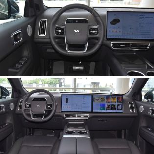 Two images showing the interior of a Li Auto car, including the steering wheel and central screens.