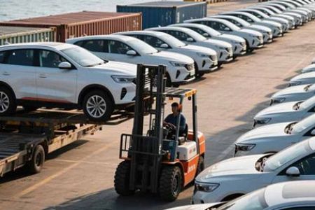 A forklift handling a car at a port with rows of white cars and ships in the background.