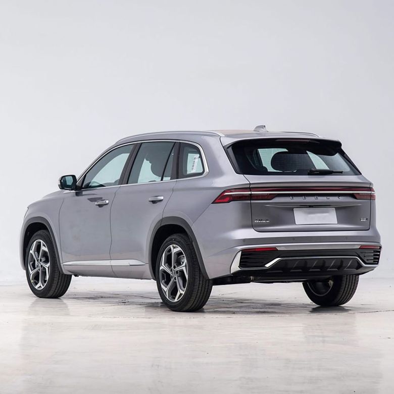 Rear side view of a silver Geely SUV.