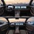 Interior of a Geely car with dual - screen display, showcasing two views against a mountainous landscape at sunrise/sunset.