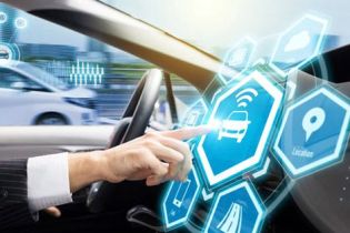 Connected car tech: Driver interacting with holographic infotainment icons, including car status, Wi-Fi, and navigation, in a futuristic cockpit.