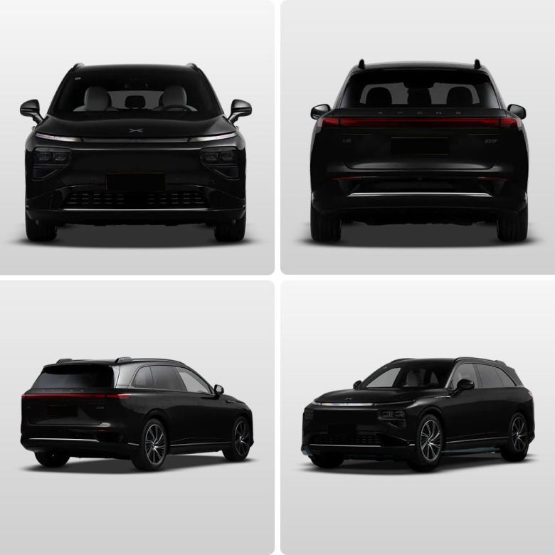 Four views (front, rear, side - rear, side - front) of a black Xpeng electric SUV.