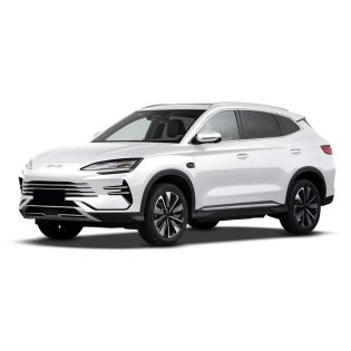 A white BYD SUV with sleek design, featuring modern headlights, stylish alloy wheels, and a streamlined body, showcasing its elegant exterior.